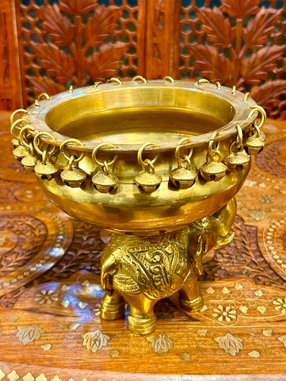Antique Brass Urli with Elephant Stand & Bells, Handmade Indian Decor, Luxury Pooja Bowl, Festive Centerpiece, Housewarming Gift, Mandir Decor