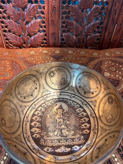 SH21 | weight 1.210kg, Height 10cm x width 23cm Handmade Carving Singing Bowl. Tibetan Sound Bowl Meditation, | Includes Mallet Cushion