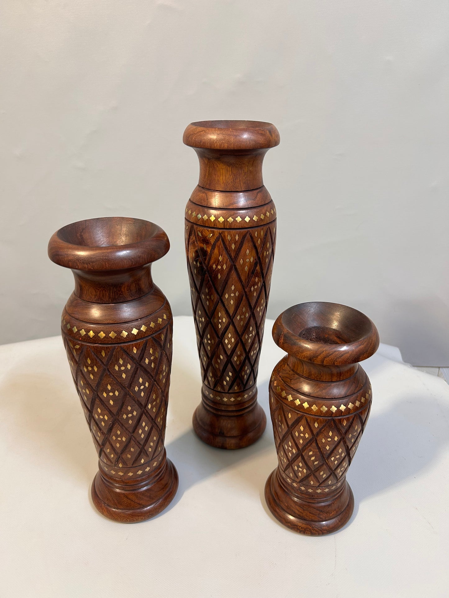 Handcrafted Wooden Vase Set with Brass Inlay, Decorative Carved Flower Vase, Indian Wood Art, Traditional Home Décor, Rustic Boho Table Vase