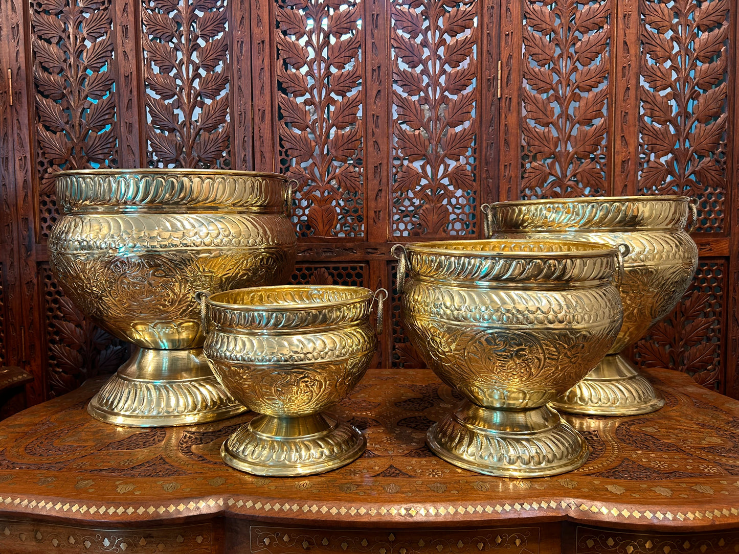 SET OF 4 | Antique Brass Urn Planters | Ornate Hand Engraved Brass Pots | Large Indoor Outdoor Planters | Vintage Home Decor | Handmade Brass Flower Pots