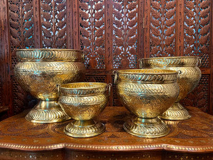 SET OF 4 | Antique Brass Urn Planters | Ornate Hand Engraved Brass Pots | Large Indoor Outdoor Planters | Vintage Home Decor | Handmade Brass Flower Pots