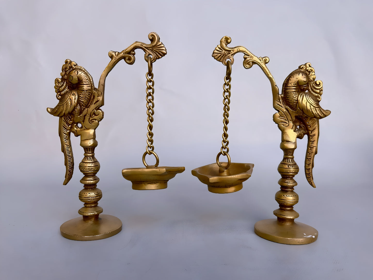 Brass Hanging Parrot Diya Oil Lamp – Traditional Pooja Deepam for Temple & Home – Pair of 2, 20cm Tall, Exquisite Handcrafted Decor