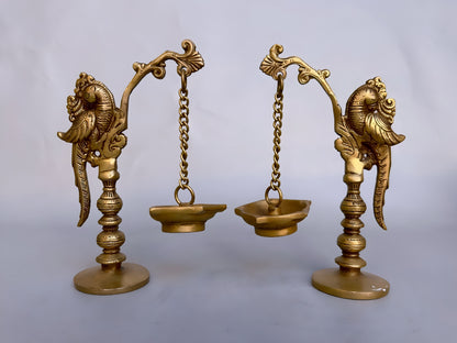 Brass Hanging Parrot Diya Oil Lamp – Traditional Pooja Deepam for Temple & Home – Pair of 2, 20cm Tall, Exquisite Handcrafted Decor