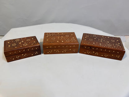 set of 3 Wooden Jewelry Box with Brass Inlay & Floral Carving, Indian Keepsake Trinket Storage Box, Vintage Decorative Organizer