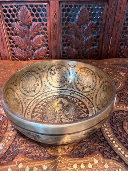 SH21 | weight 1.210kg, Height 10cm x width 23cm Handmade Carving Singing Bowl. Tibetan Sound Bowl Meditation, | Includes Mallet Cushion