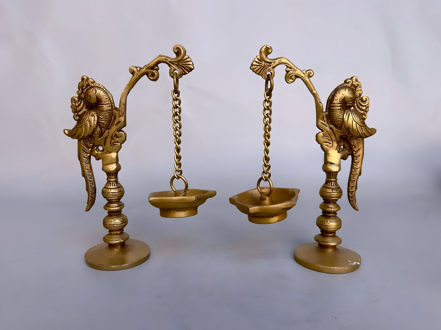 Brass Hanging Parrot Diya Oil Lamp – Traditional Pooja Deepam for Temple & Home – Pair of 2, 20cm Tall, Exquisite Handcrafted Decor
