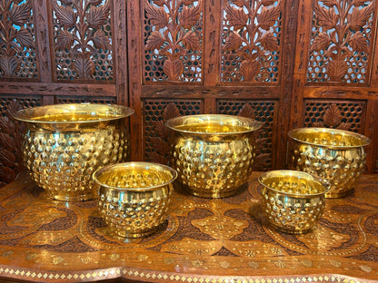 SET OF 5 | Large Brass Planter Pot, Antique Gold Home Decor, Textured Indoor Plant Pot, Elegant Garden Urn, Decorative Bowl, Handcrafted Metal Vase