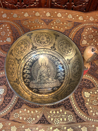 SH04 Handmade Tibetan Singing Bowl - 12cm Tall, 25cm Wide - Asthdhatu Metal - Engraved Meditation Bowl with Mallet & Cushion - 1.65kg