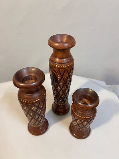 Handcrafted Wooden Vase Set with Brass Inlay, Decorative Carved Flower Vase, Indian Wood Art, Traditional Home Décor, Rustic Boho Table Vase