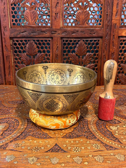 SH04 Handmade Tibetan Singing Bowl - 12cm Tall, 25cm Wide - Asthdhatu Metal - Engraved Meditation Bowl with Mallet & Cushion - 1.65kg
