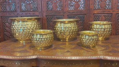 SET OF 5 | Large Brass Planter Pot, Antique Gold Home Decor, Textured Indoor Plant Pot, Elegant Garden Urn, Decorative Bowl, Handcrafted Metal Vase