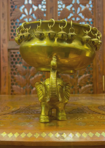 Antique Brass Urli with Elephant Stand & Bells, Handmade Indian Decor, Luxury Pooja Bowl, Festive Centerpiece, Housewarming Gift, Mandir Decor