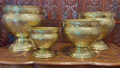 SET OF 4 | Antique Brass Urn Planters | Ornate Hand Engraved Brass Pots | Large Indoor Outdoor Planters | Vintage Home Decor | Handmade Brass Flower Pots