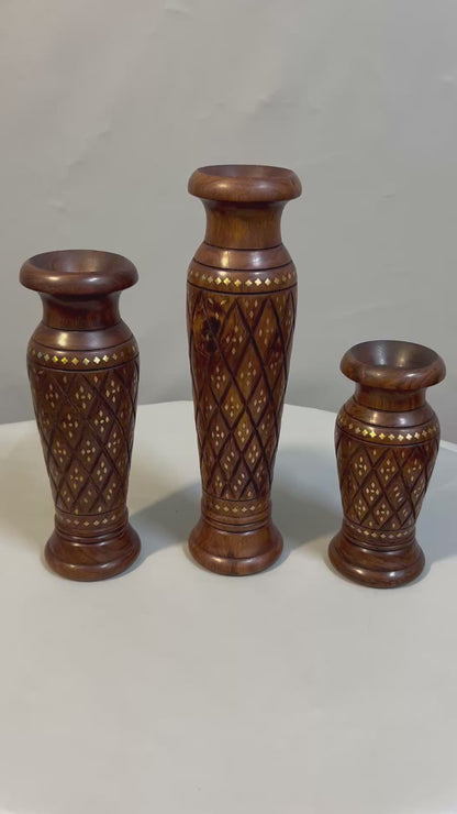 Handcrafted Wooden Vase Set with Brass Inlay, Decorative Carved Flower Vase, Indian Wood Art, Traditional Home Décor, Rustic Boho Table Vase
